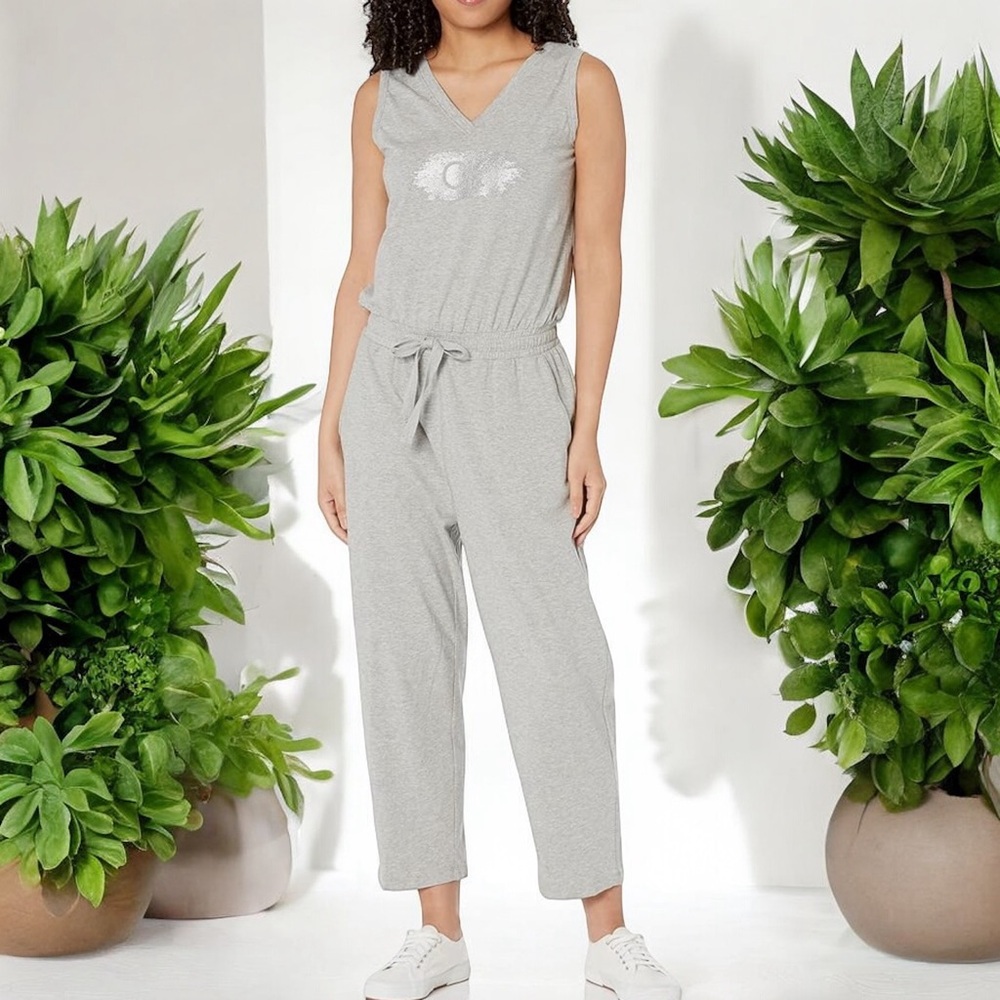 Calvin Klein V-Neck Designer Logo Sleeveless Jumpsuit Romper Gray Womens Size XL